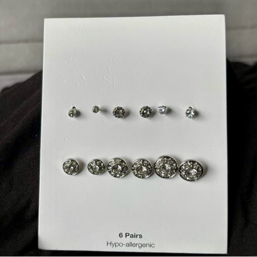 Hypo-Allergenic Silver Crystal Stud Earring Set - 6 Pairs